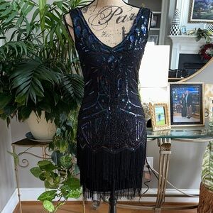 1920’s Glamorous Black and Blue Sequin and Fringe Mini Dress